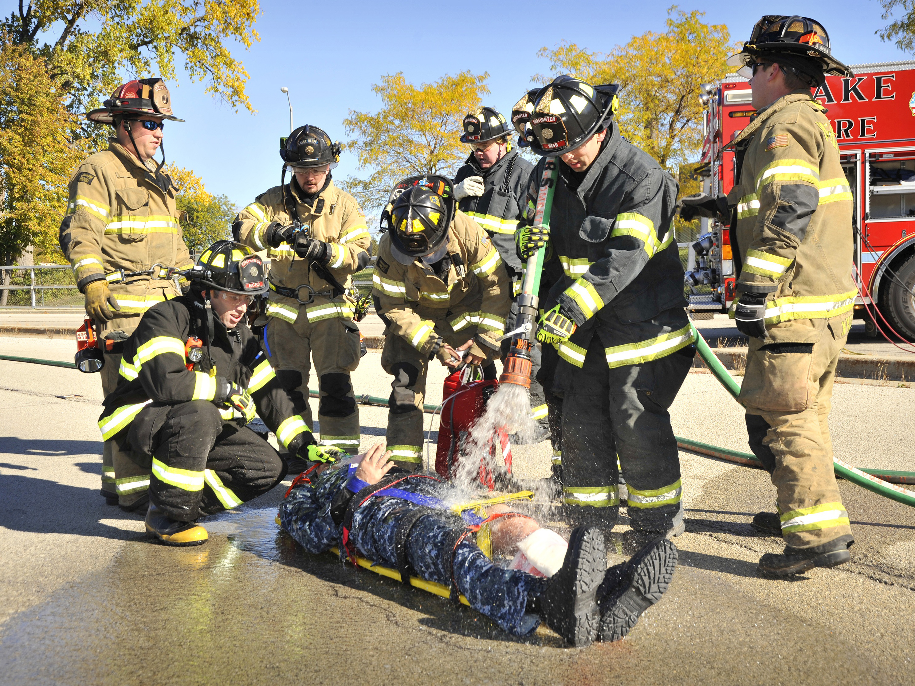 Caesar hosed down during exercise conducted at Naval Station Great Lakes, Ill.